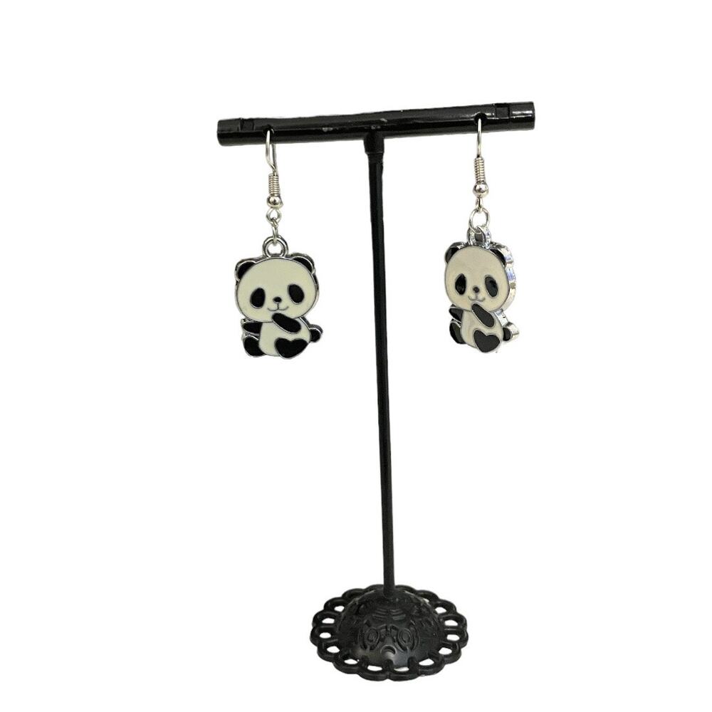 Panda Dangle Drop Earrings Black White Hook Closure